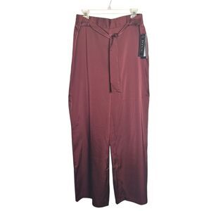NYCC Wine Wide Leg Satin Pants Pull On Tie Belt Flowy Large Womens